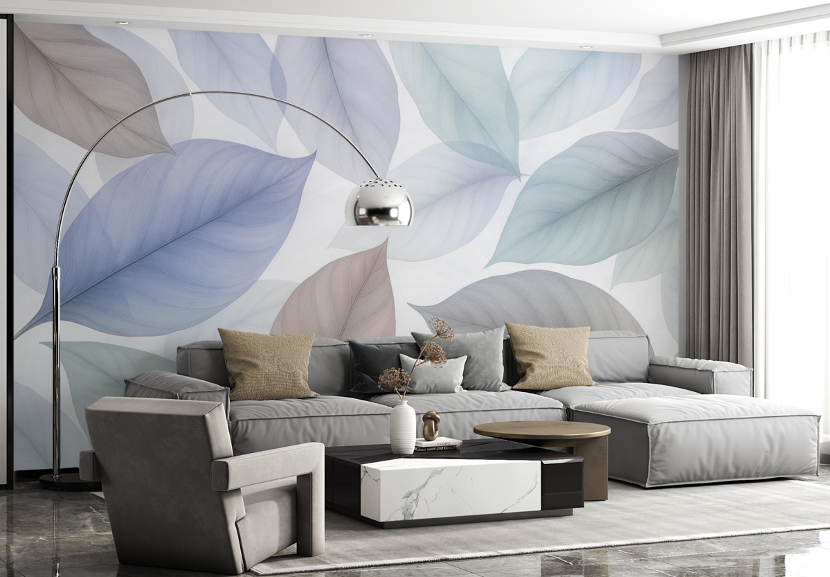 Fototapeta Przezroczyste liście z nerwami w odcieniach błękitu i brązu.