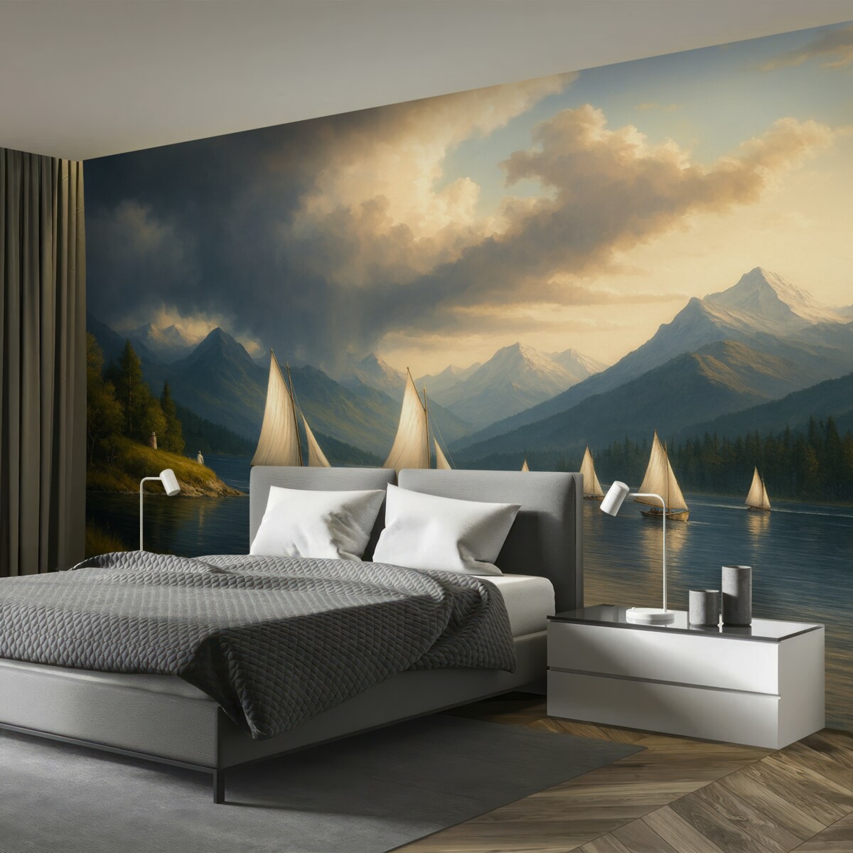 Fototapeta Regaty na jeziorze pod pochmurnym niebem w stylu XIX-wiecznego dzieła olejnego.