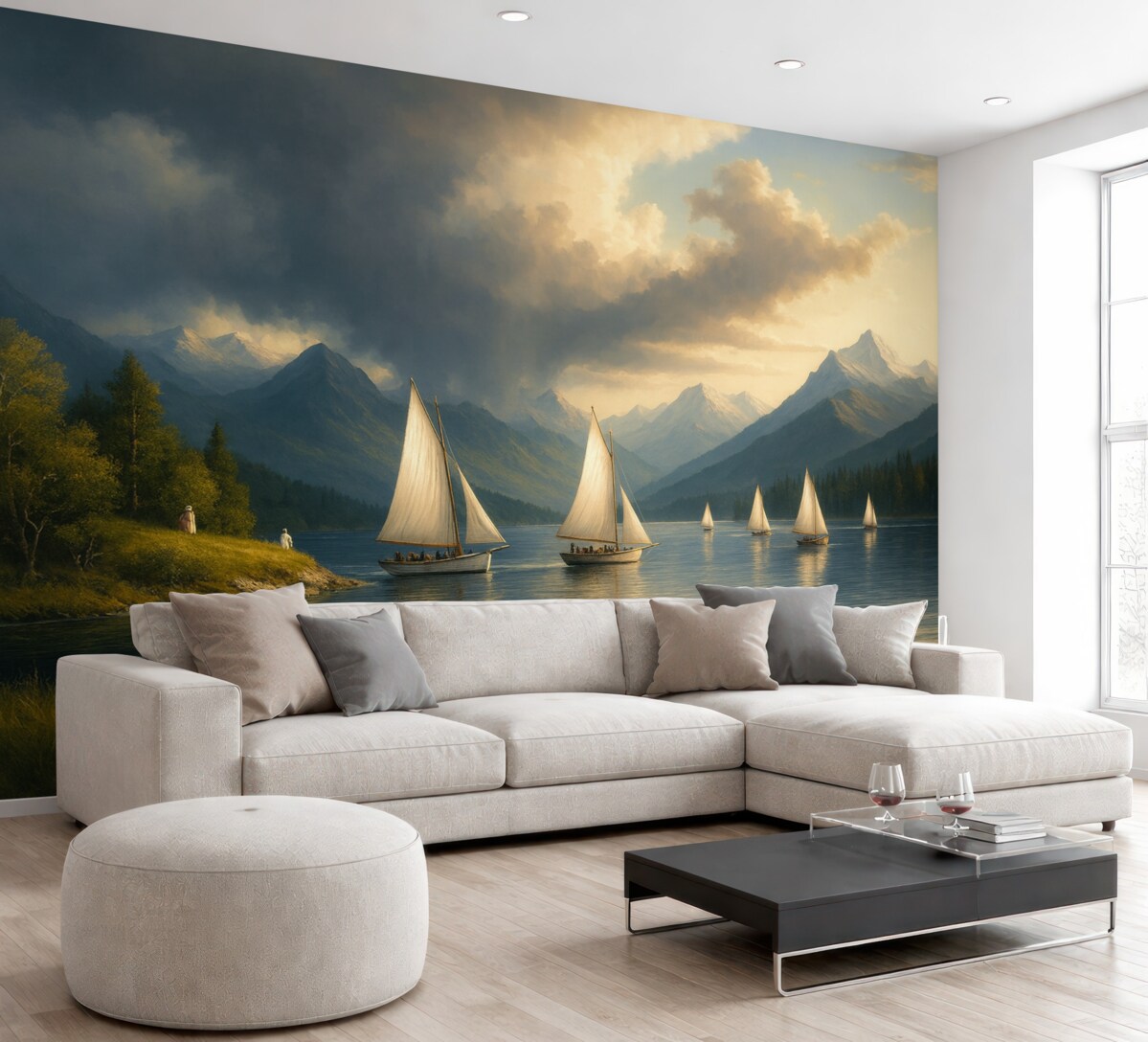 Fototapeta Regaty na jeziorze pod pochmurnym niebem w stylu XIX-wiecznego dzieła olejnego.