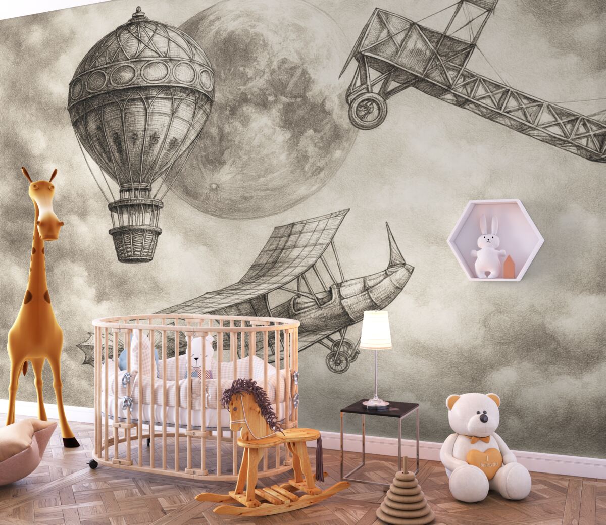 Fototapeta Zabytkowe samoloty na tle chmur i księżyca.