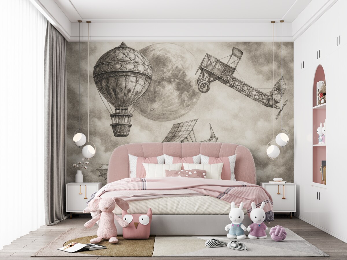 Fototapeta Zabytkowe samoloty na tle chmur i księżyca.