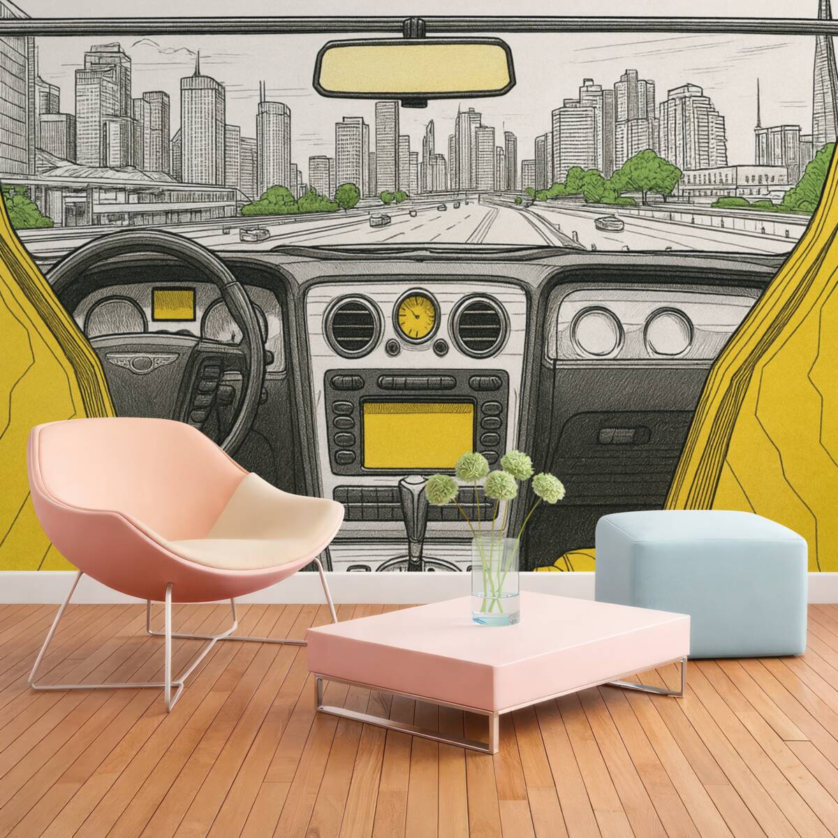 Fototapeta Widok zarysowany z auta.