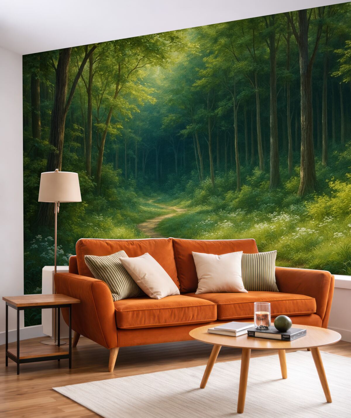 Fototapeta Zielony las z łagodnym promieniowaniem słonecznym, drzewami oraz białymi kwiatami, obraz olejny.