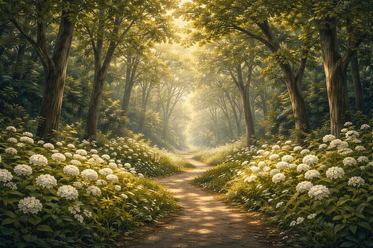 Fototapeta Droga w zielonym lesie, białe kwiatki, promienie słoneczne, obraz akrylowy.