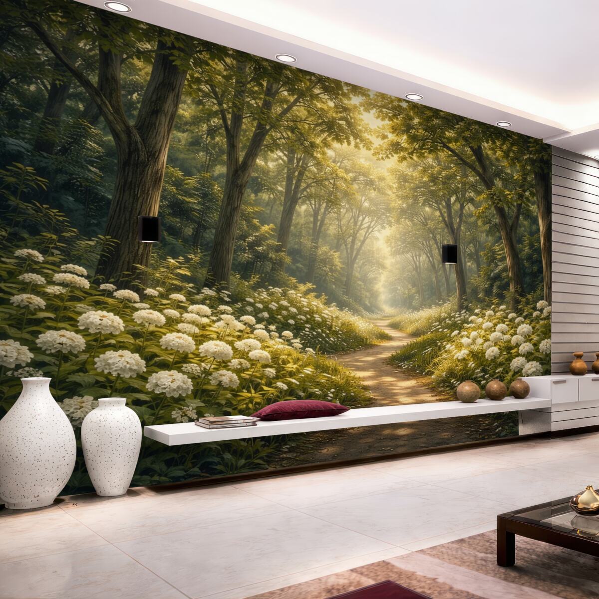 Fototapeta Droga w zielonym lesie, białe kwiatki, promienie słoneczne, obraz akrylowy.