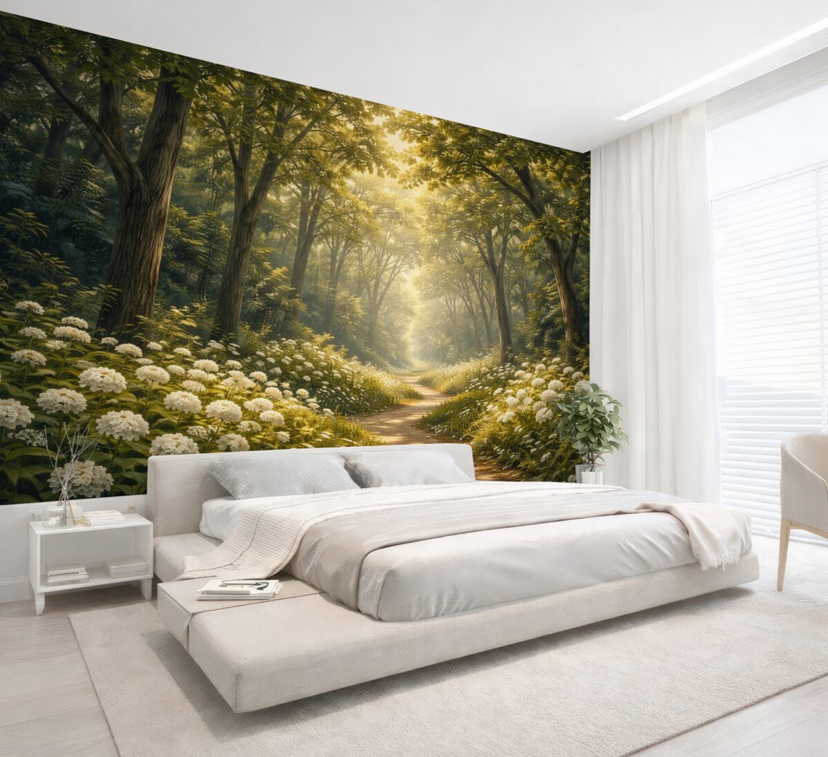Fototapeta Droga w zielonym lesie, białe kwiatki, promienie słoneczne, obraz akrylowy.