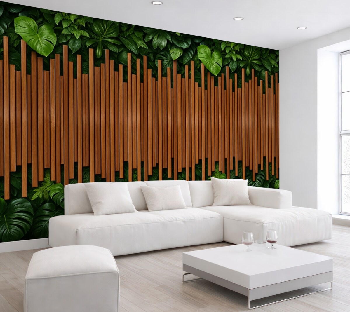 Fototapeta Naśladownictwo drewnianych paneli oraz zielonej ściany.