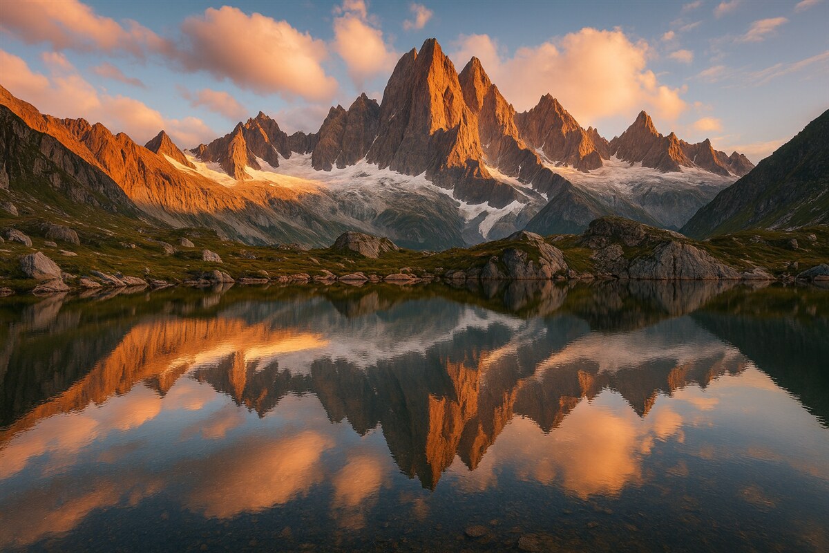 Fototapeta Góry o poranku, refleksja w wodzie, naturalny pejzaż.