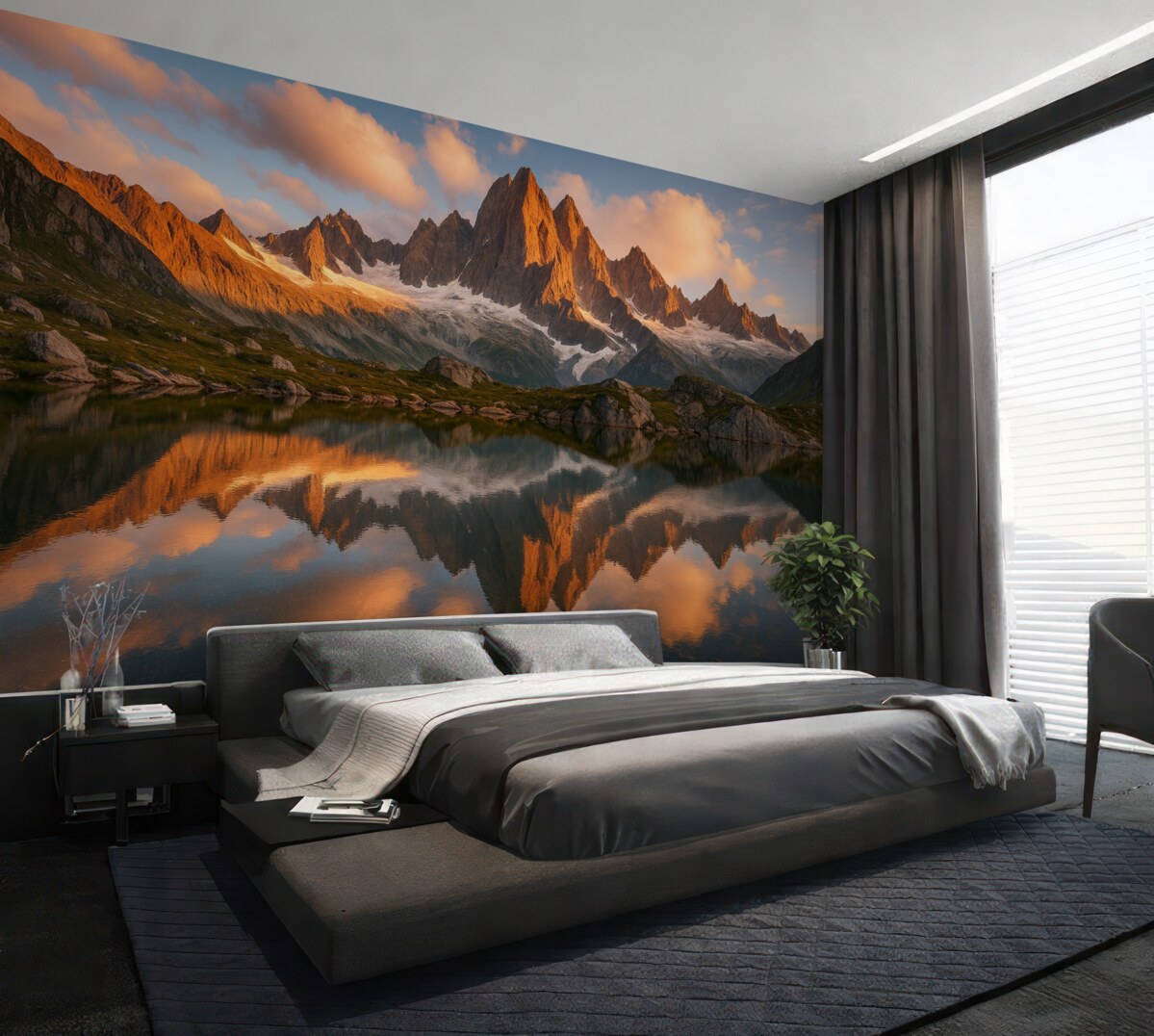 Fototapeta Góry o poranku, refleksja w wodzie, naturalny pejzaż.