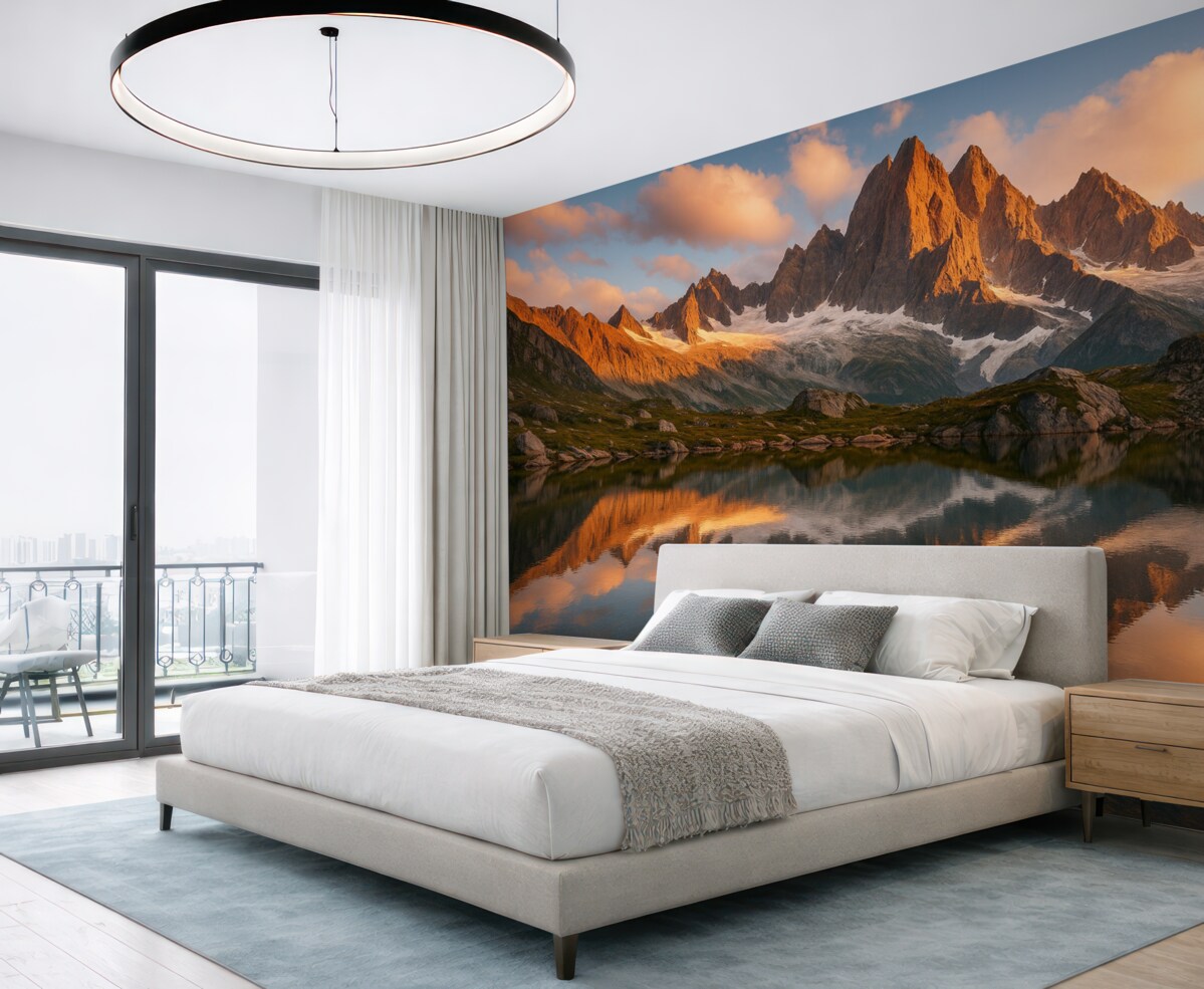 Fototapeta Góry o poranku, refleksja w wodzie, naturalny pejzaż.