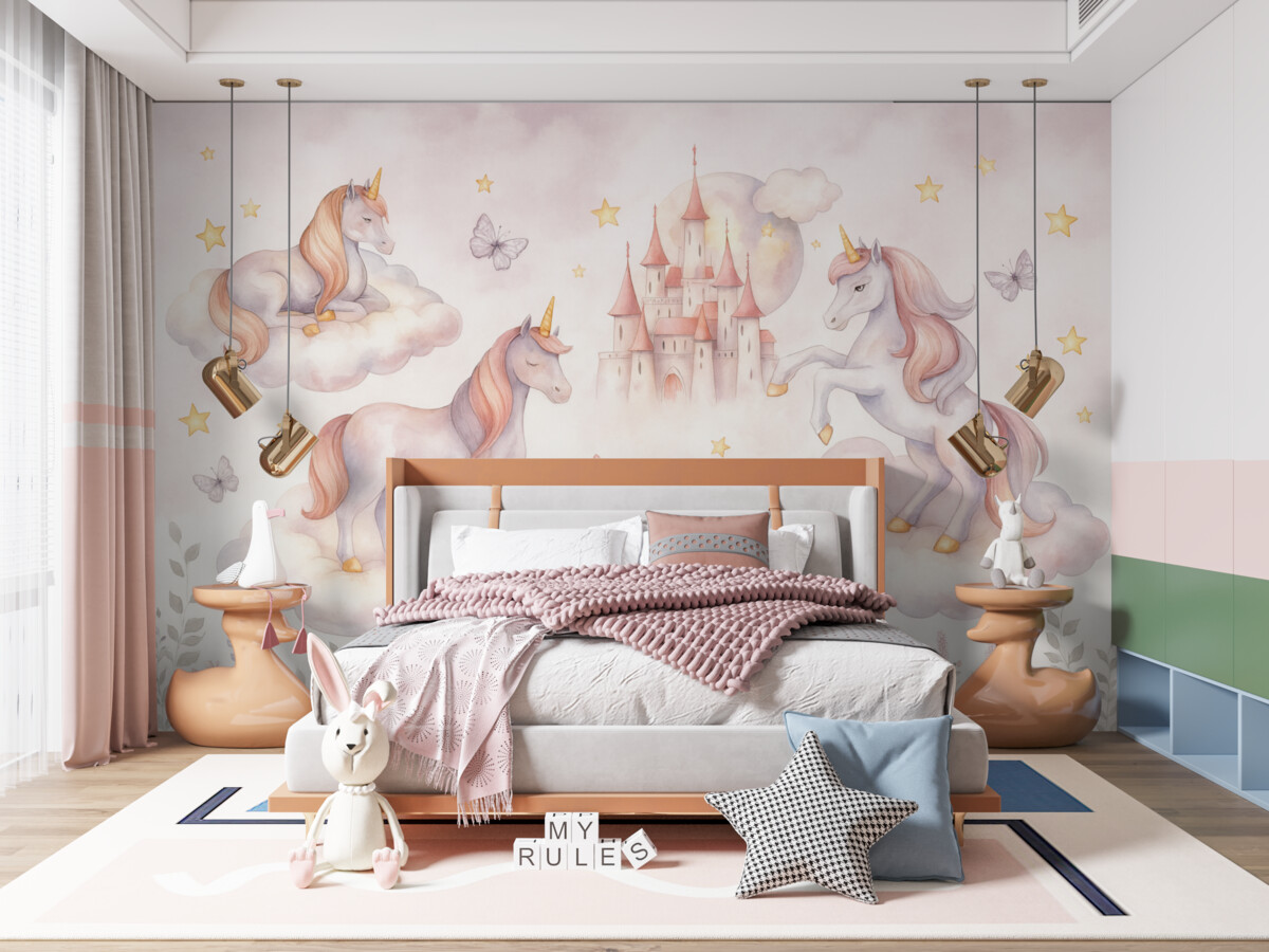 Fototapeta Jednorożce w obłokach z gwiazdami, motylami oraz kwiatami.