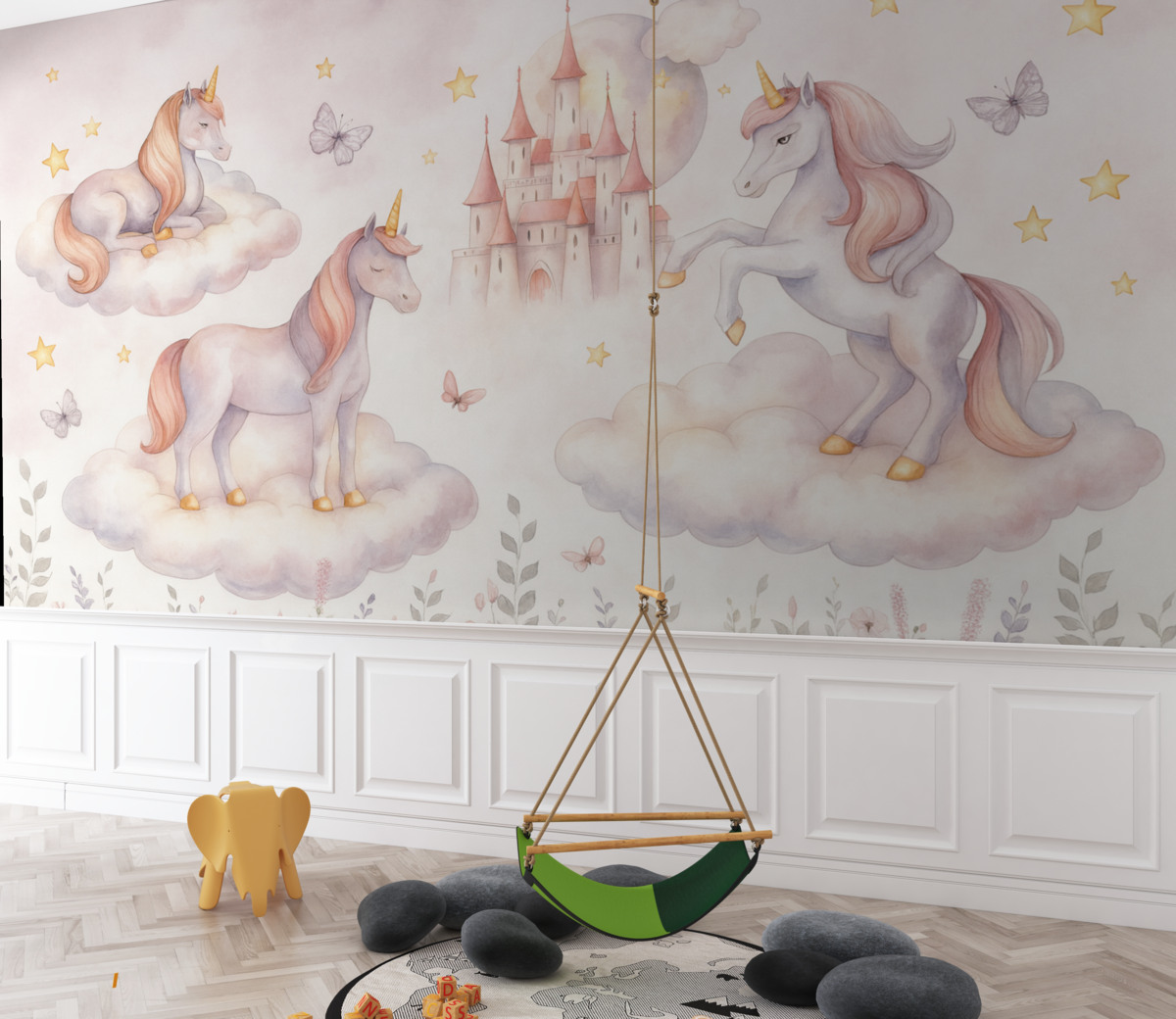 Fototapeta Jednorożce w obłokach z gwiazdami, motylami oraz kwiatami.