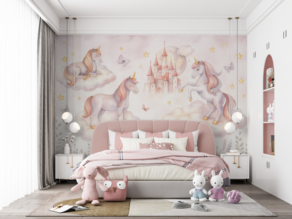 Fototapeta Jednorożce w obłokach z gwiazdami, motylami oraz kwiatami.