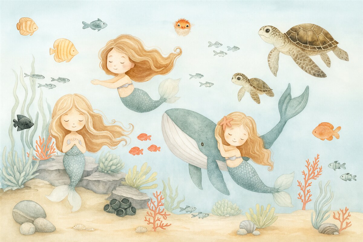 Fototapeta Podwodny świat z syrenami oraz rybami.