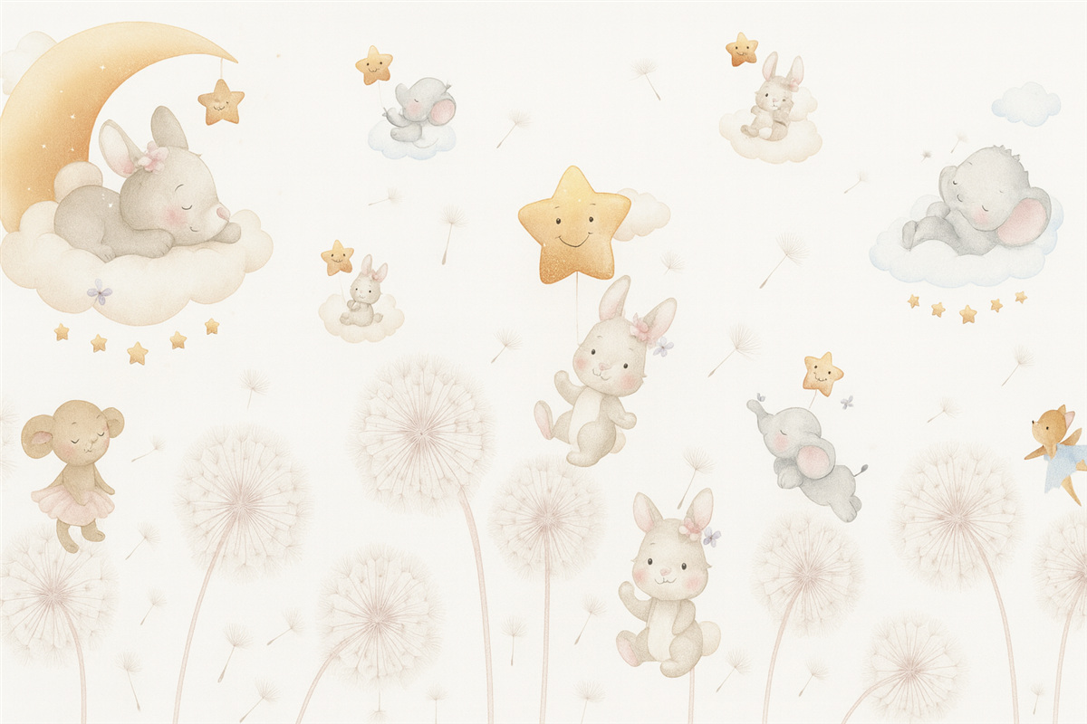 Fototapeta Uroczy królik i gwiazdy pośród mniszka lekarskiego na jasnym tle.