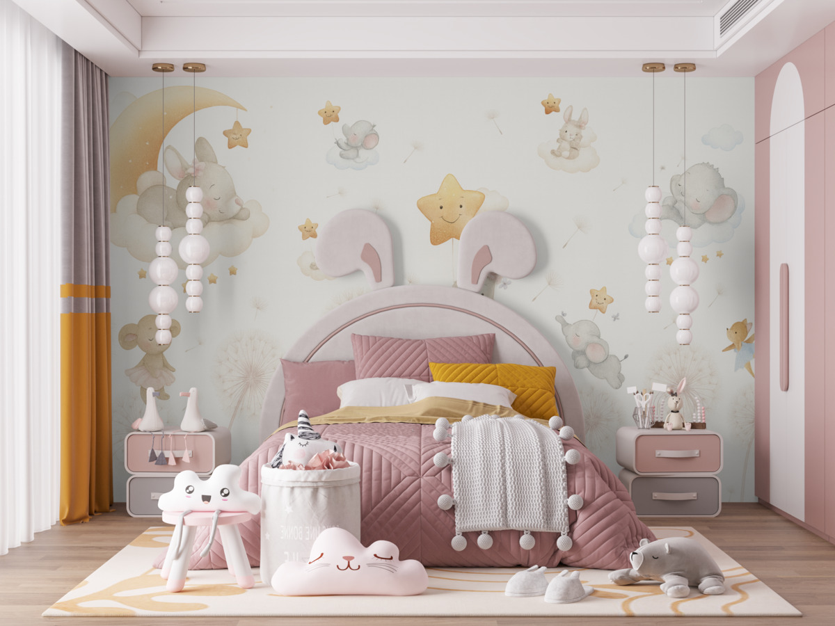 Fototapeta Uroczy królik i gwiazdy pośród mniszka lekarskiego na jasnym tle.