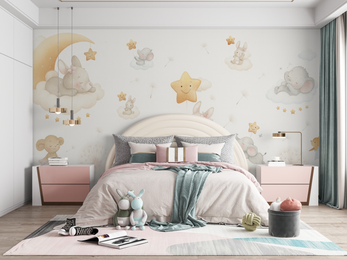 Fototapeta Uroczy królik i gwiazdy pośród mniszka lekarskiego na jasnym tle.