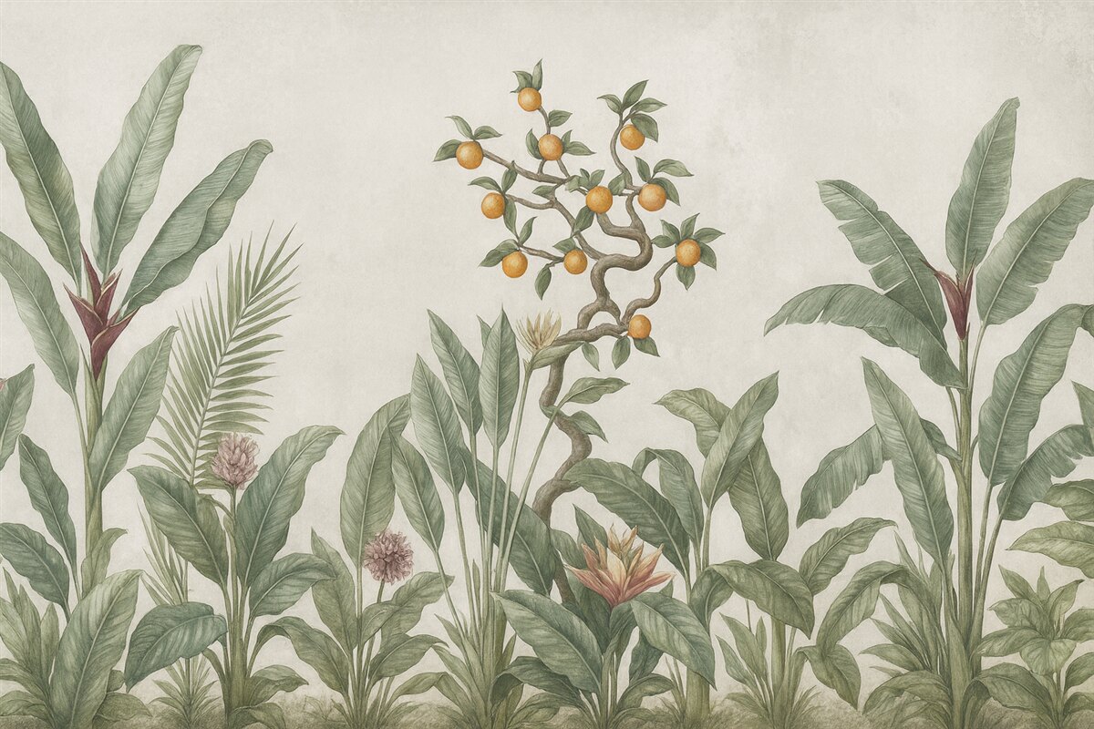 Fototapeta Tropikalne rośliny z pomarańczowym krzewem na jasnym tle.