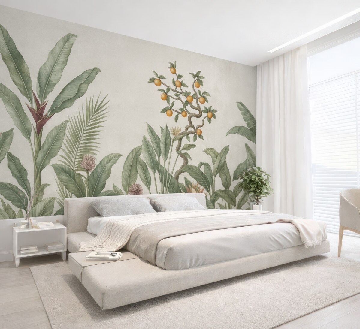 Fototapeta Tropikalne rośliny z pomarańczowym krzewem na jasnym tle.