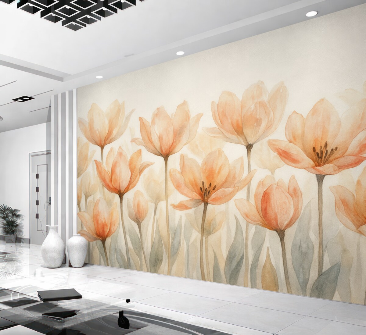 Fototapeta świeże tulipany akwarelowe wyrastające od podstawy