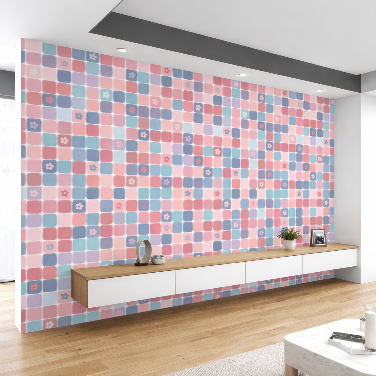 Fototapeta Subtelny motyw w kratkę i rośliny.