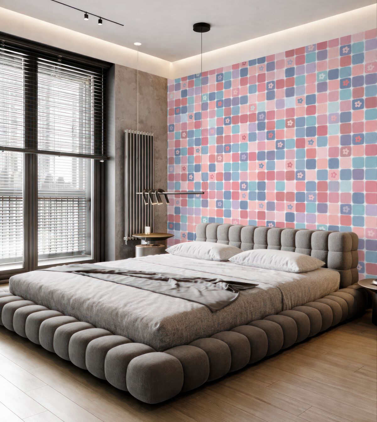 Fototapeta Subtelny motyw w kratkę i rośliny.