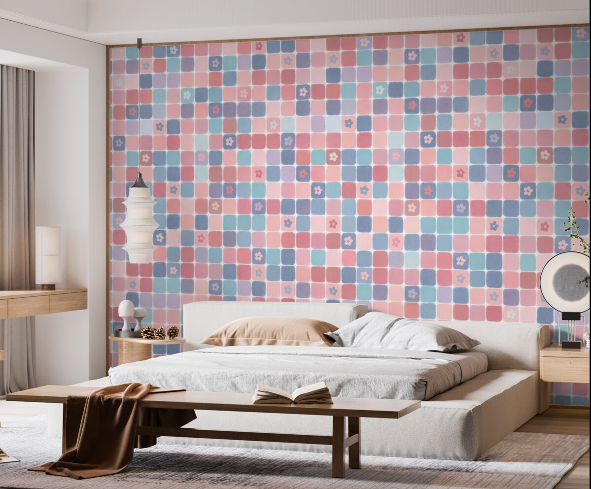 Fototapeta Subtelny motyw w kratkę i rośliny.