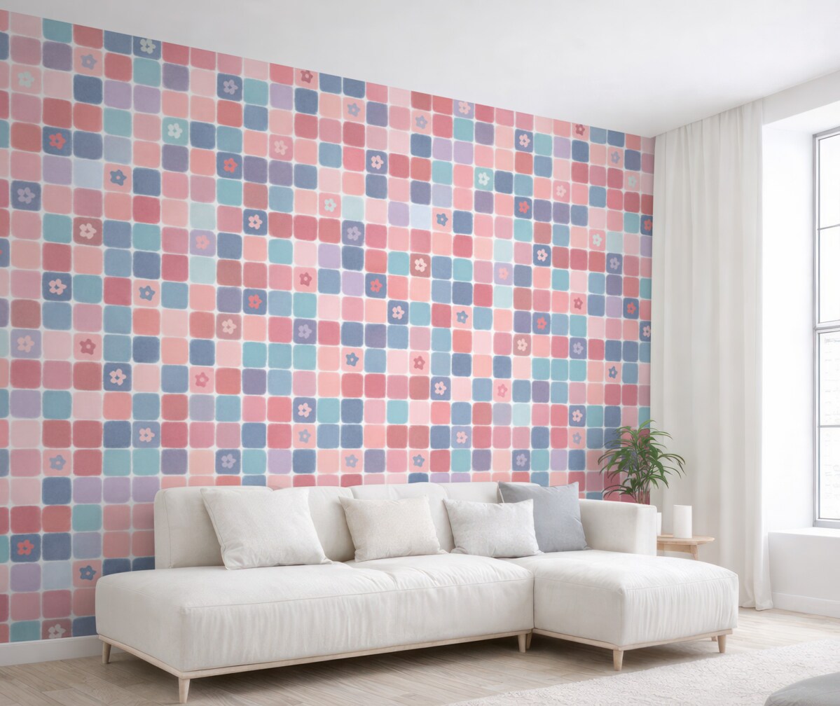 Fototapeta Subtelny motyw w kratkę i rośliny.