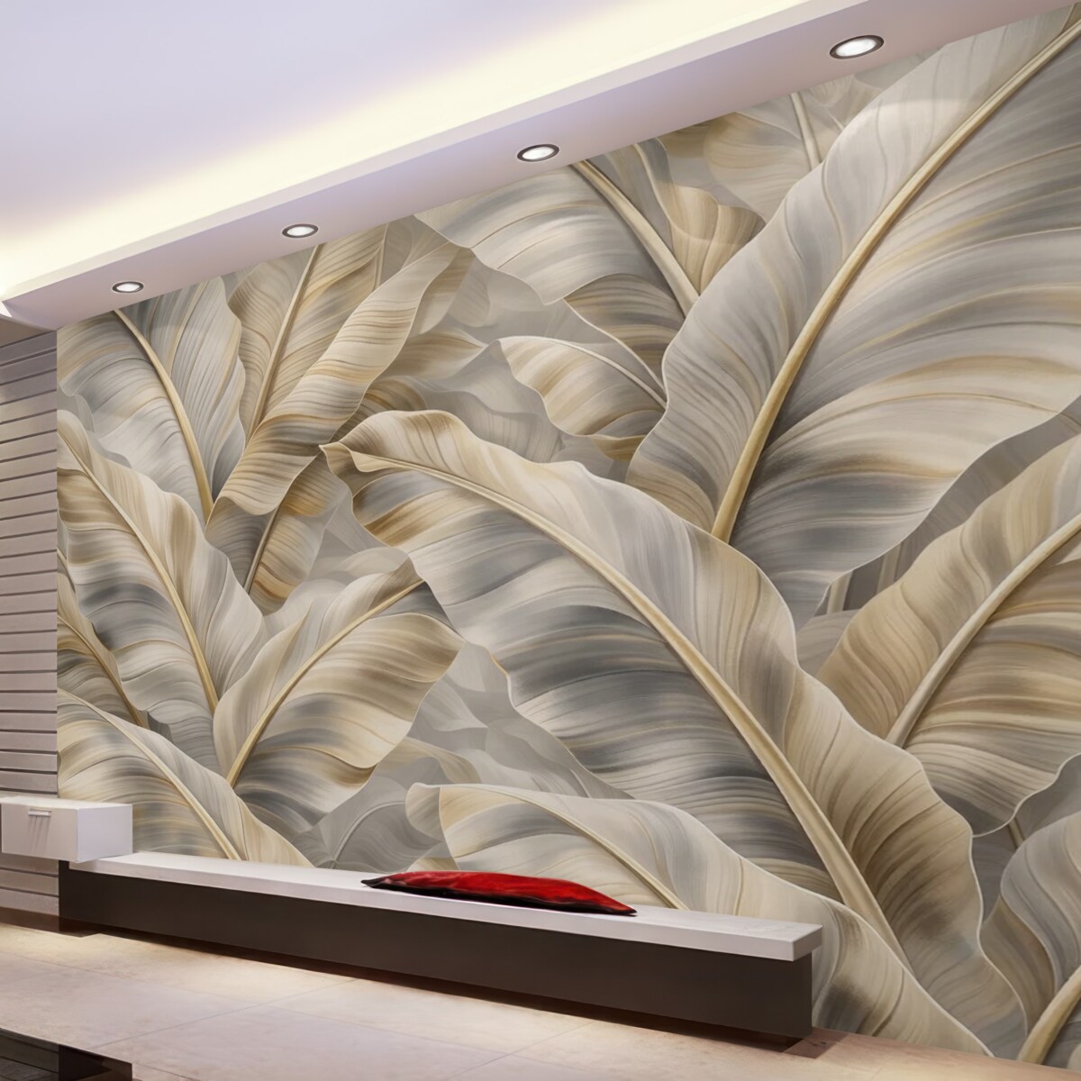 Fototapeta ekskluzywne duże liście banana w szaro-beżowej kolorystyce