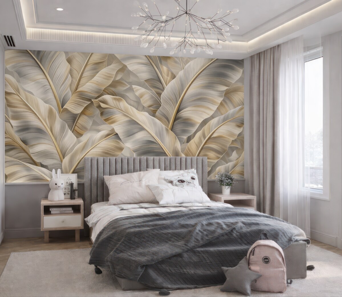 Fototapeta ekskluzywne duże liście banana w szaro-beżowej kolorystyce