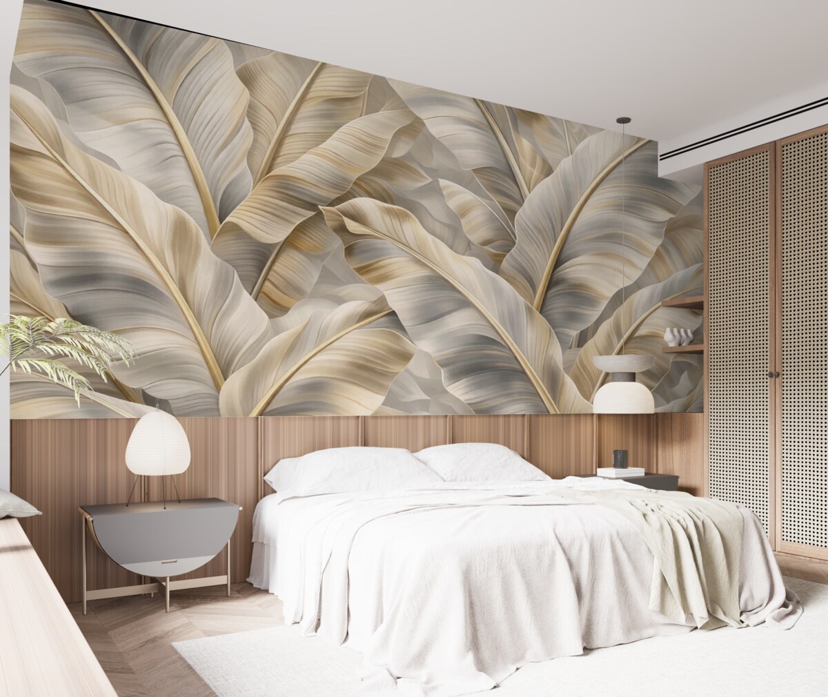 Fototapeta ekskluzywne duże liście banana w szaro-beżowej kolorystyce