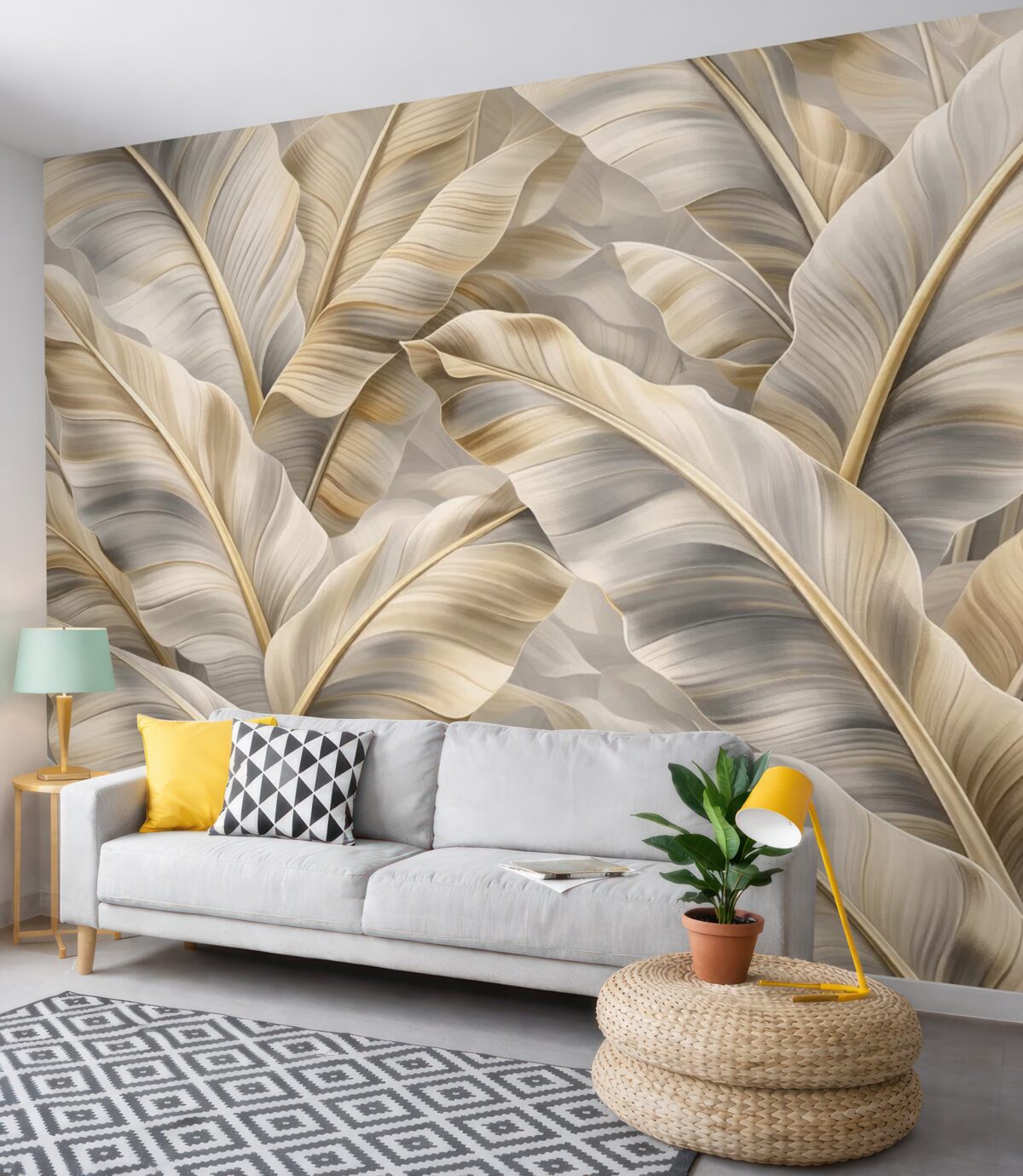 Fototapeta ekskluzywne duże liście banana w szaro-beżowej kolorystyce