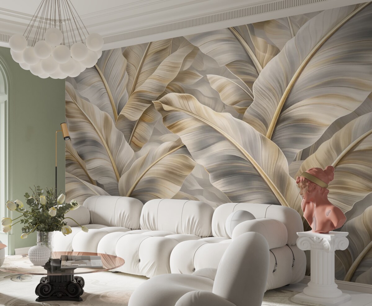 Fototapeta ekskluzywne duże liście banana w szaro-beżowej kolorystyce