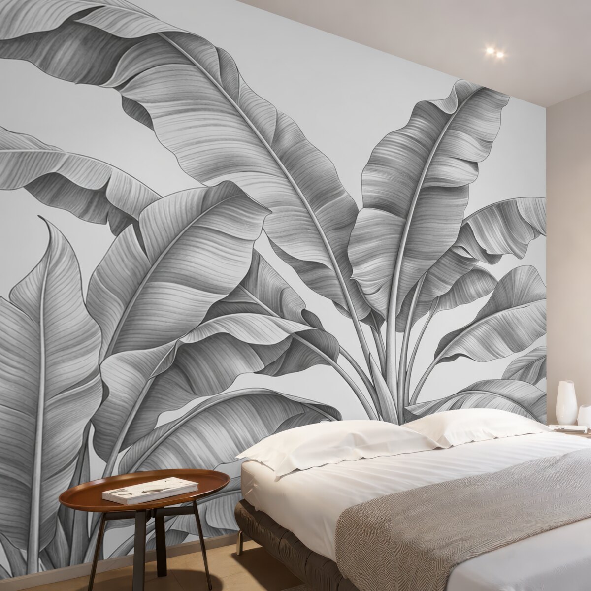 Fototapeta Narysowane wielkie liście bananowca w odcieniach szarości.