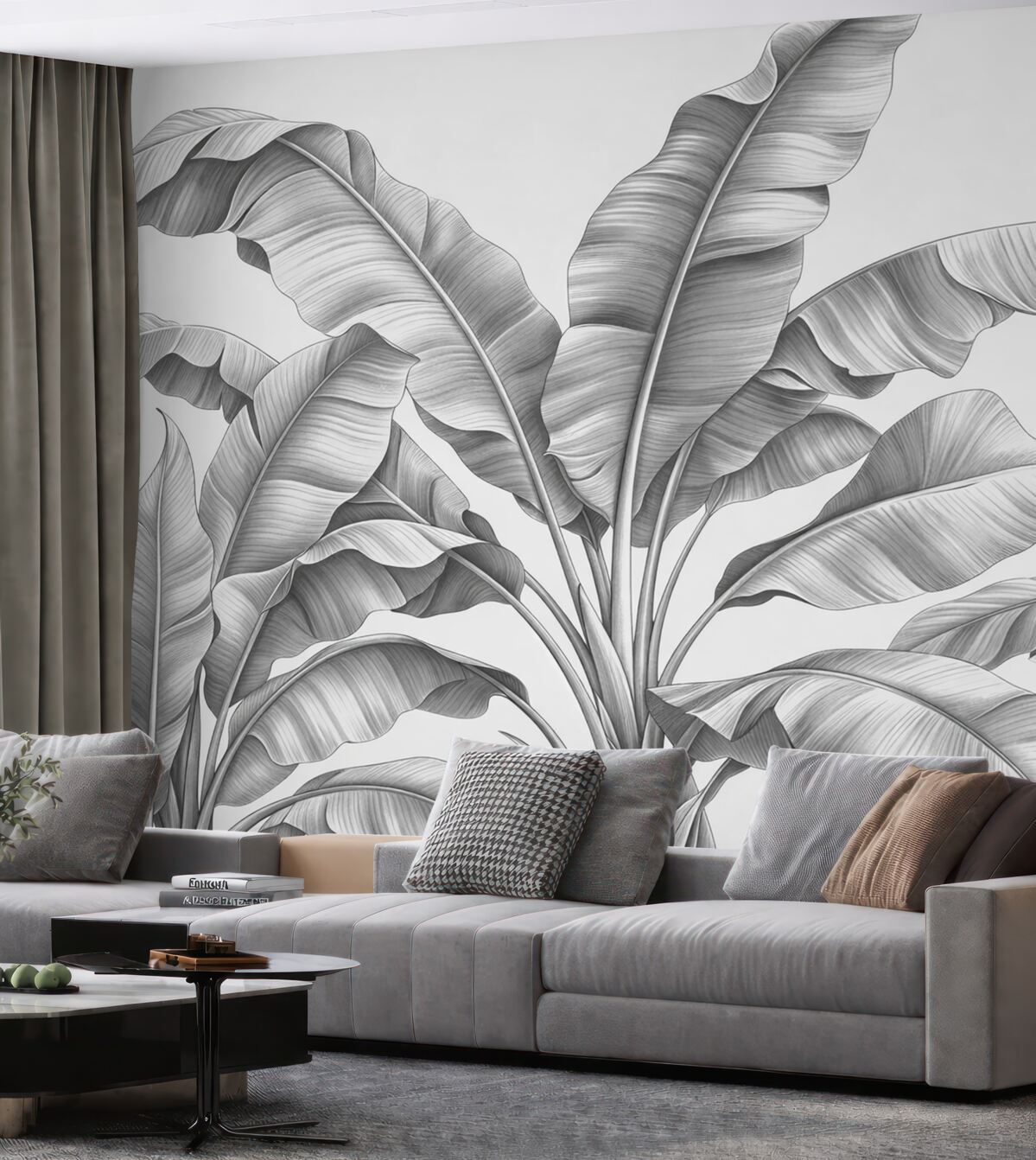 Fototapeta Narysowane wielkie liście bananowca w odcieniach szarości.