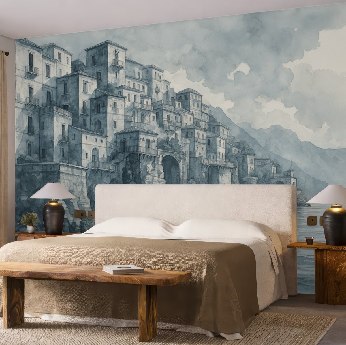 Fototapeta namalowane akwarelowe miasto przy wodzie w tonacjach błękitu