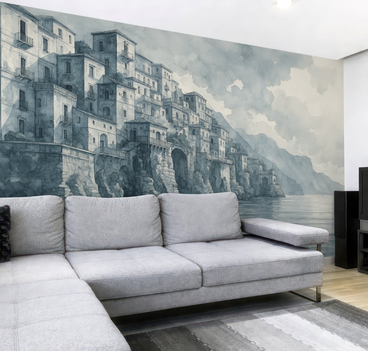 Fototapeta namalowane akwarelowe miasto przy wodzie w tonacjach błękitu