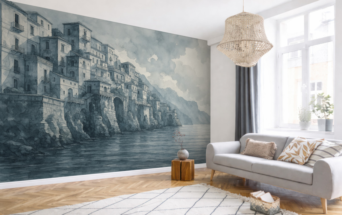 Fototapeta namalowane akwarelowe miasto przy wodzie w tonacjach błękitu