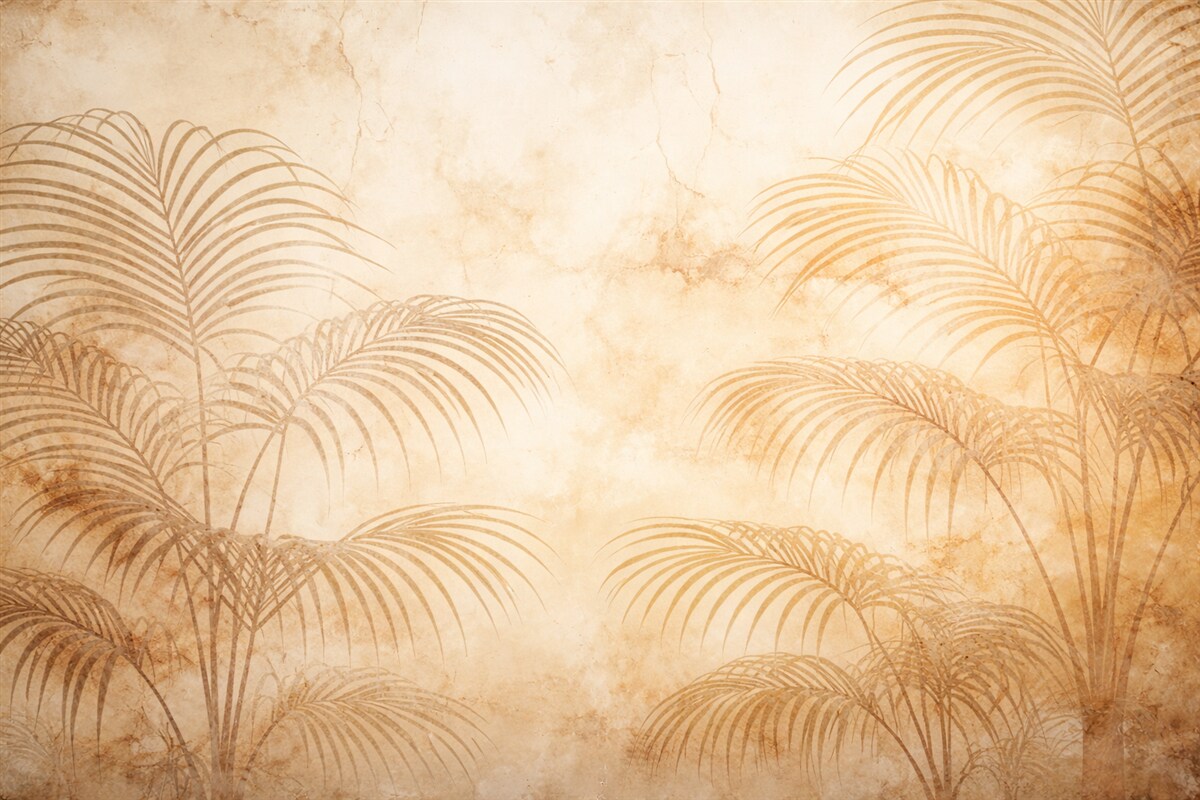 Fototapeta Sylwetki palmowych gałęzi na beżowej, spękanej ścianie.
