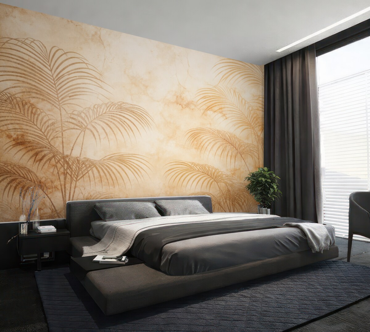 Fototapeta Sylwetki palmowych gałęzi na beżowej, spękanej ścianie.