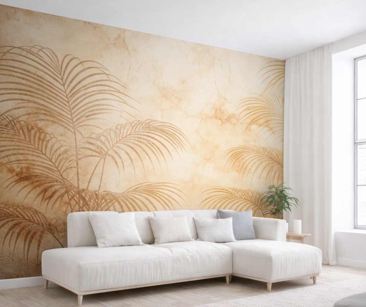 Fototapeta Sylwetki palmowych gałęzi na beżowej, spękanej ścianie.