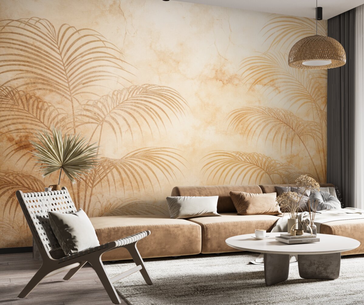 Fototapeta Sylwetki palmowych gałęzi na beżowej, spękanej ścianie.