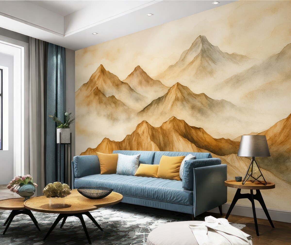 Fototapeta Górskie wzniesienia na pustynnej akwareli, odcień pomarańczowy.