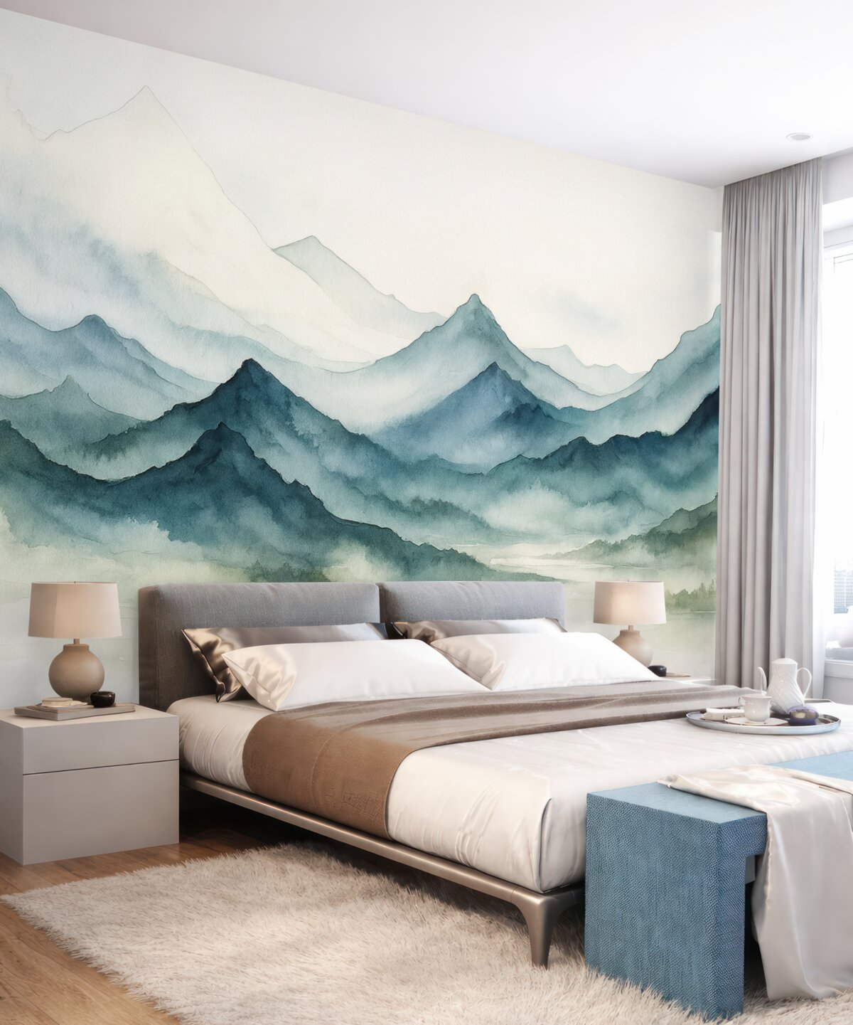 Fototapeta Błękitne szczyty w mgle, wilgotna akwarelowa ilustracja.