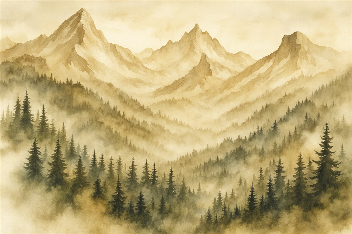 Fototapeta Las w mgle u stóp skalistych gór brązowych akwarela grafika.