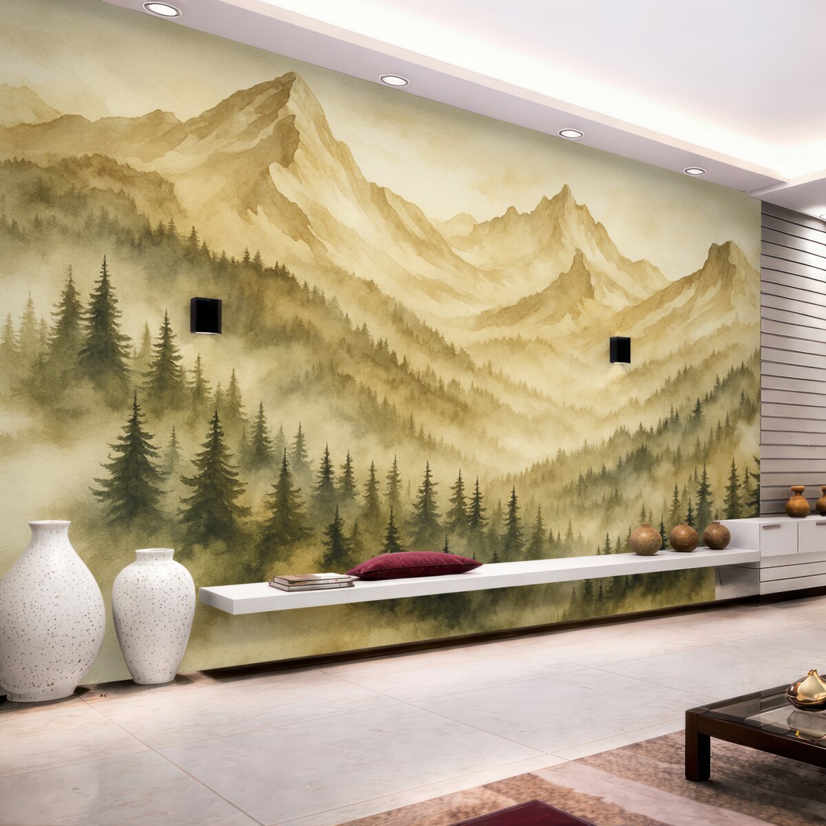 Fototapeta Las w mgle u stóp skalistych gór brązowych akwarela grafika.