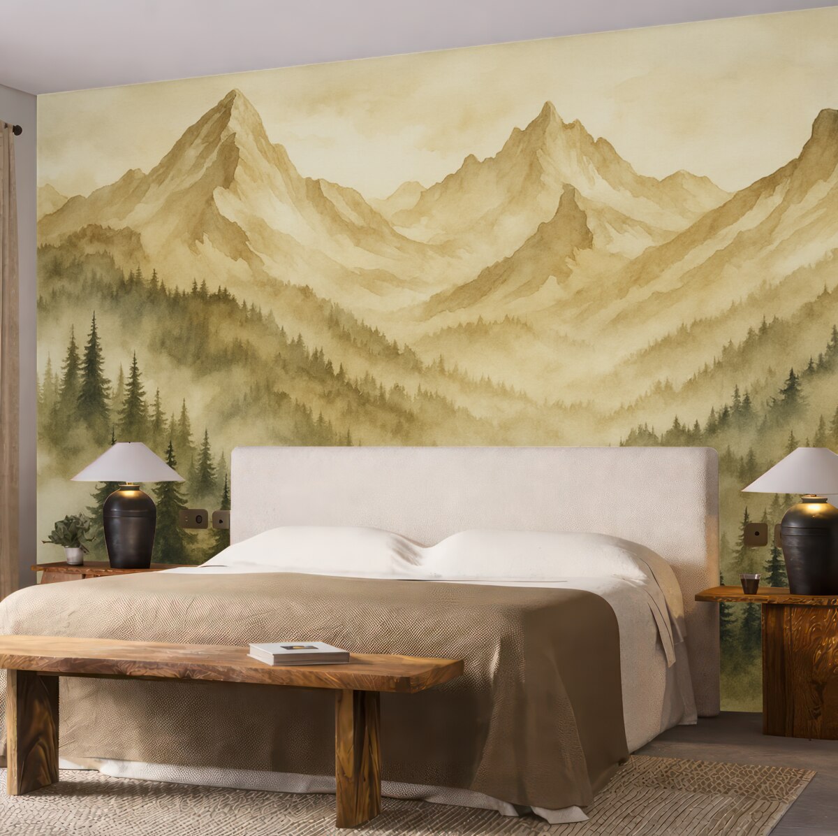 Fototapeta Las w mgle u stóp skalistych gór brązowych akwarela grafika.