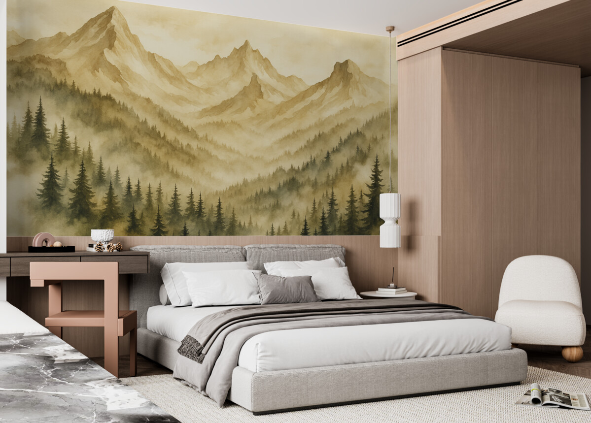 Fototapeta Las w mgle u stóp skalistych gór brązowych akwarela grafika.