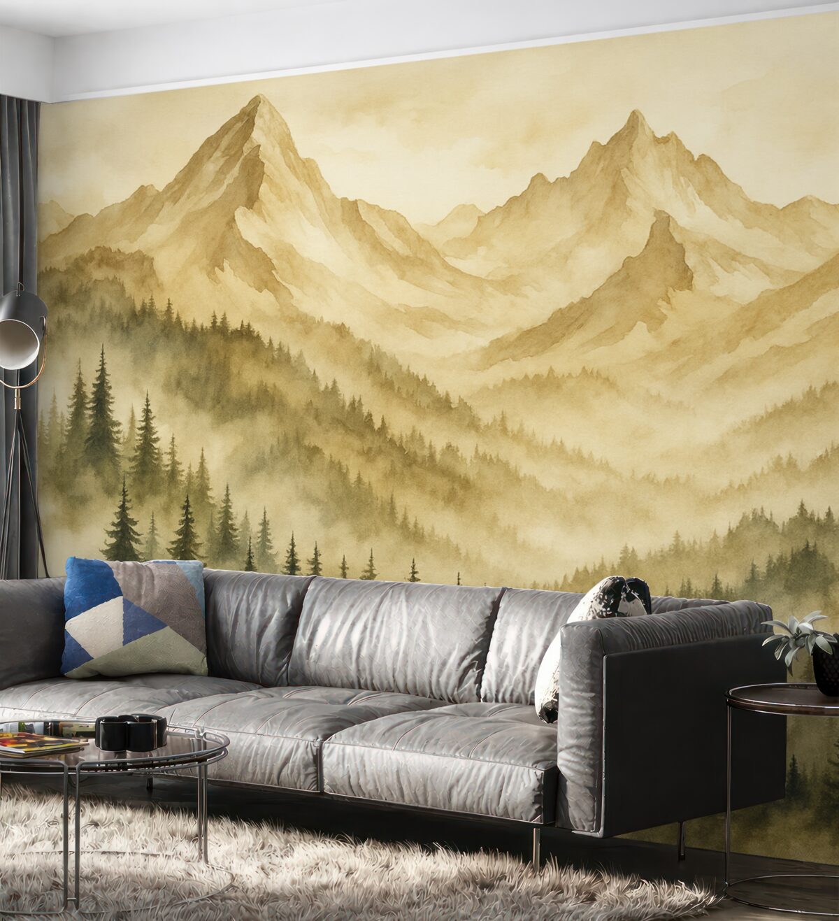 Fototapeta Las w mgle u stóp skalistych gór brązowych akwarela grafika.