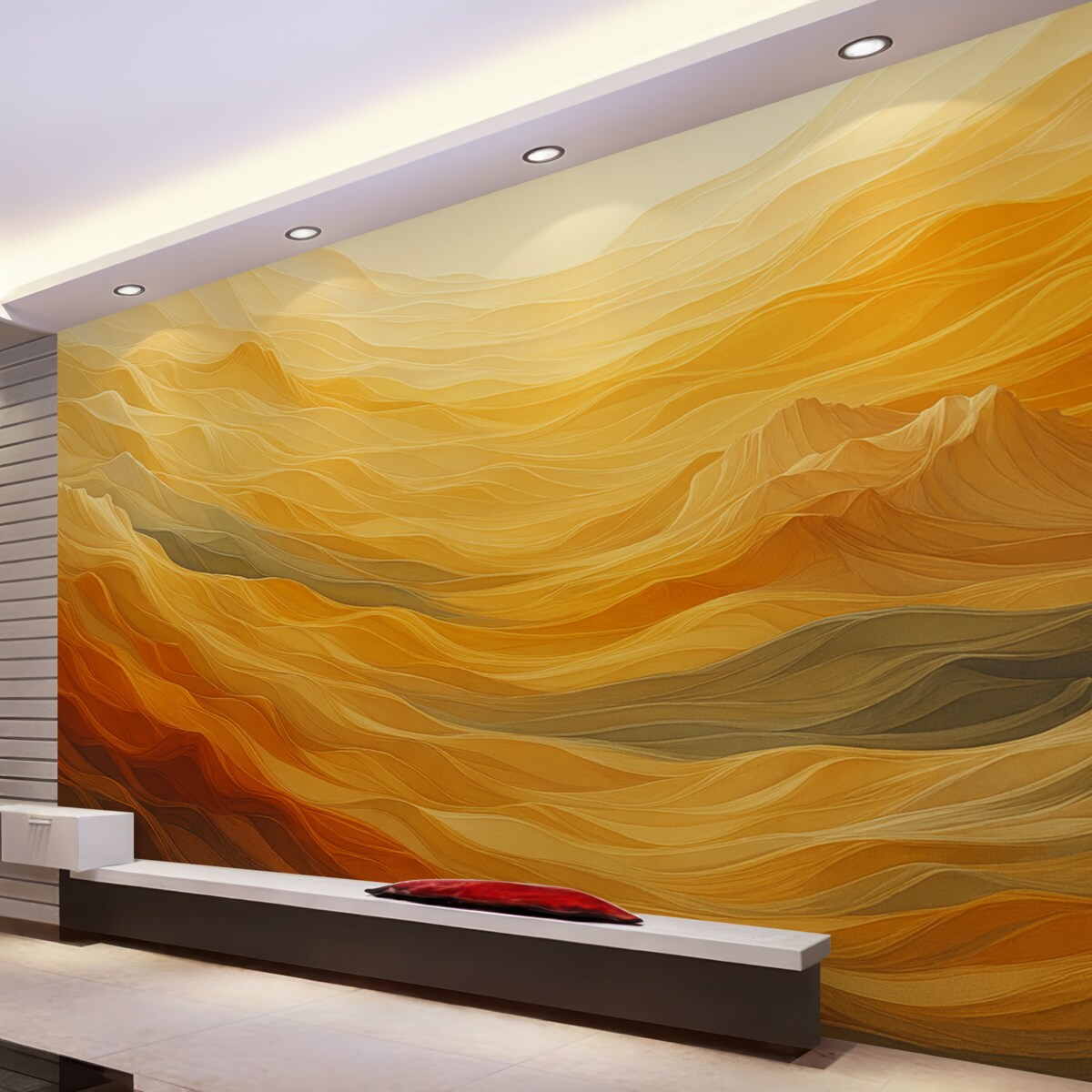 Fototapeta Górskie reliefy oraz wolumetryczne pagórki, odcień pomarańczowy, żółty.